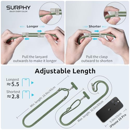 Image of SURPHY Phone Lanyard Crossbody, Phone Strap Crossbody with 2 Tether Tabs | Adjustable Cell Phone Lanyard, Anti Theft Phone Strap, Premium Metal Buckles, Universal Lanyard for Travel, Army Green