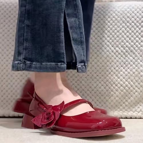 Cute Rose Strap Mary Janes for Women Block Low Heel Pumps Emo Ballet Flats Slip On Ballerina Shoes Low Top Breathable Lightweight Leather Square Toes No Slip Casual Retro Dress Shoes Casual Streetwear3