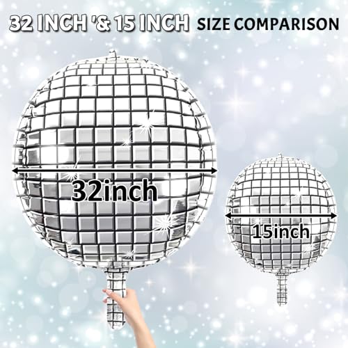 Image of Disco Ball Balloons 32 Inch 5 Pcs 4D Ball Balloons Metallic Silver Disco Mylar Balloon Chrome for Birthday Bachelorette 70s 80s 90s Themed Graduation Retro New Year Eve Prom Party Decorations
