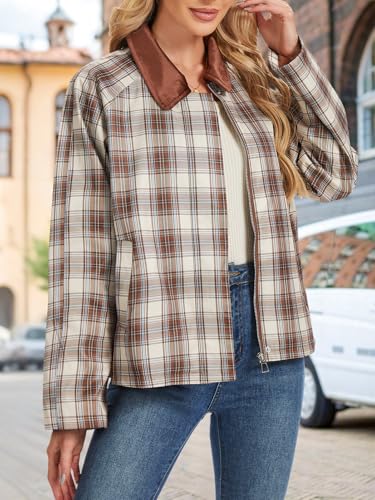 KEOMUD Women's Fall Retro Plaid Jacket Casual Lightweight Faux Suede Collar Barn Jacket for Streetwear2