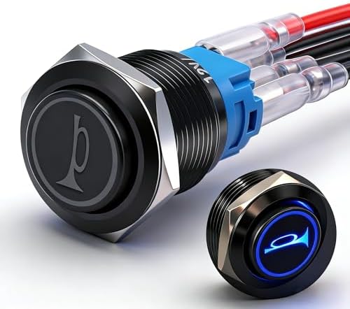 Twidec/16MM Raised Speaker Horn Momentary Push Button Switch 5/8" Mounting Hole 12V Blue Led Light Black Stainless Steel Shell 1NO 1NC SPDT with Pre-wiring Wires Switch For Car Modification BKG16LB-BU