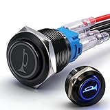 Twidec/16MM Raised Speaker Horn Momentary Push Button Switch 5/8' Mounting Hole 12V Blue Led Light Black Stainless Steel Shell 1NO 1NC SPDT with Pre-wiring Wires Switch For Car Modification BKG16LB-BU