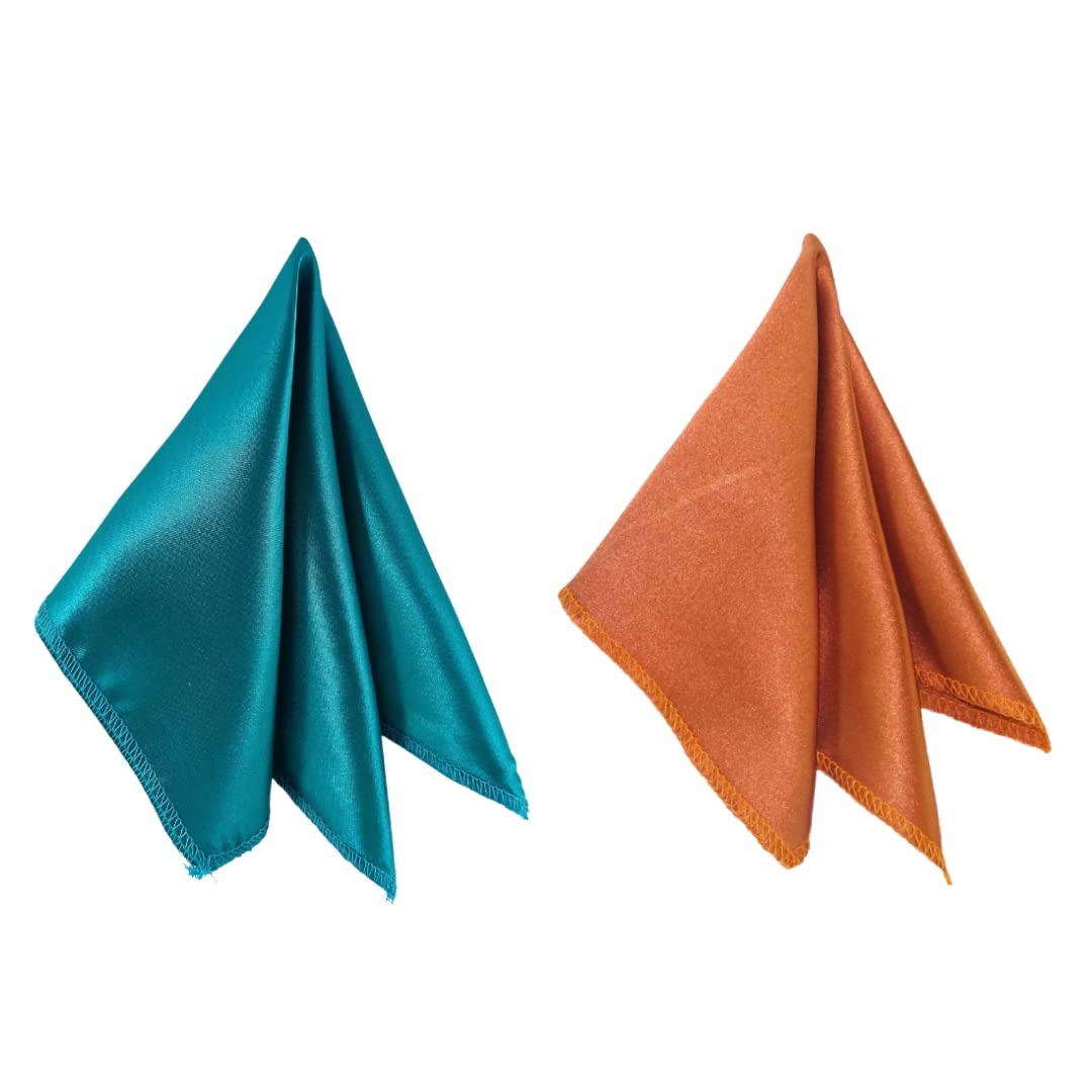 Satin Pocket Square for Men, Wedding Handkerchief for Suits, Blazers & Tuxedo, Men's Pocket Square Combo (Pack of 2) (Turquoise & Copper Brown)-image-20