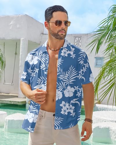BOJIN Men's Hawaiian Wrinkle Free Short Sleeve Button Down Tropical Floral Beach Vacation Shirt3
