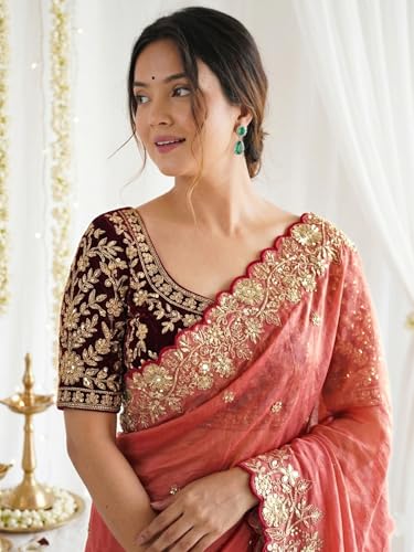 Image of SIRIL Women's Shimmer Georgette Scalloped Border Sequins Embroidery Saree with Unstitched Blouse Piece