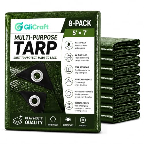 Image of 8 Pack 5 x 7 ft 5.5 Mil Tarps Heavy Duty Waterproof Tarp Multi Purpose Tent Cover for Home Boats Cars Camping Patio Furniture Roof Emergency Rain Protective Cover, Army Green
