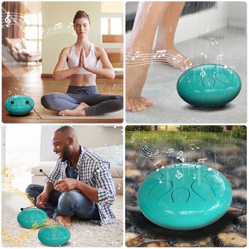 Image of Rain Drum for Outside Garden, 6 Inches 8 Notes Steel Tongue Chakra Drums, Waterproof Meditation Rain Chime, Musical Instruments for Adult Gift with Bag, Music Book, Drum Mallets (Blue)