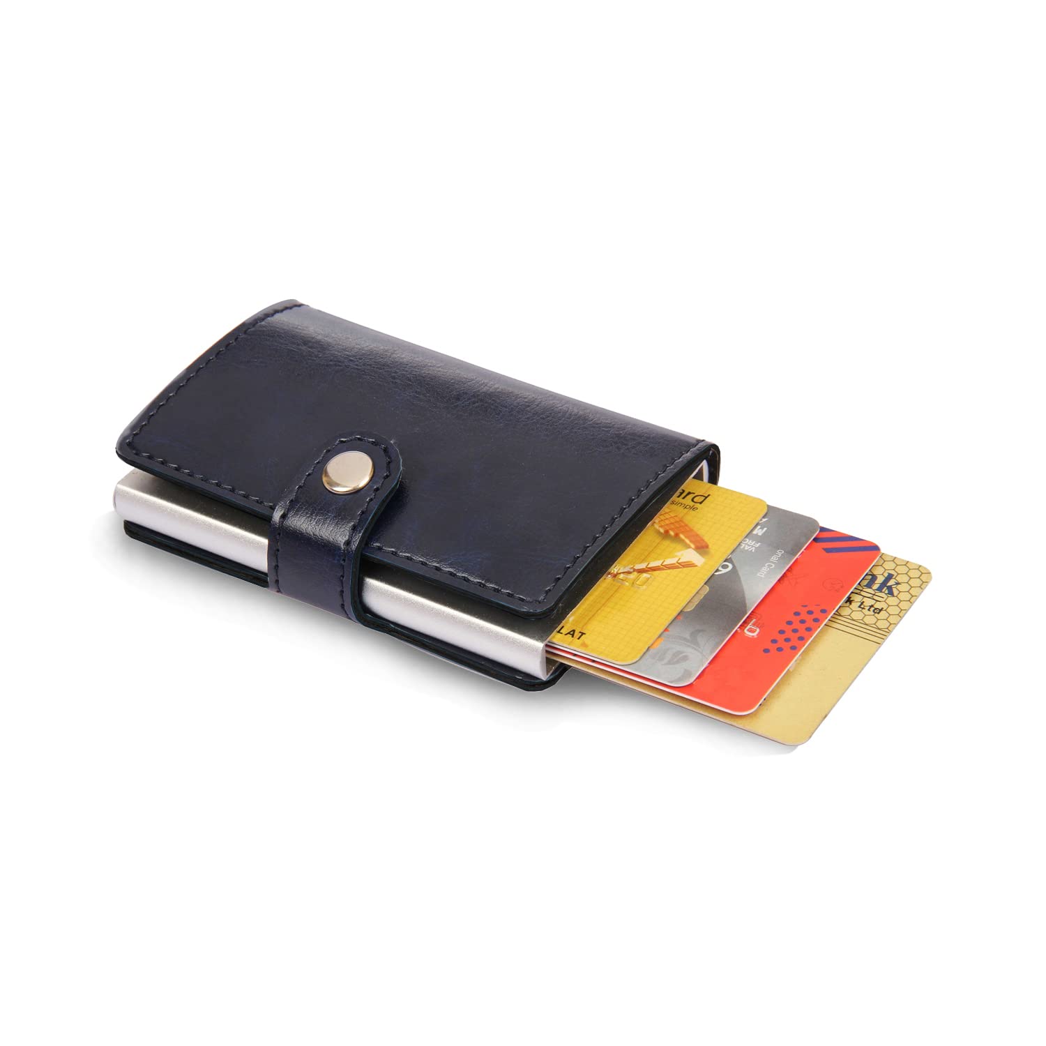 men's vegan leather wallet | rfid blocking aluminum automatic pop up credit card holder case (navy blue)
