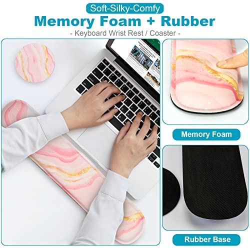 Mouse Pad Wrist Support Keyboard Wrist Rest With Coaster Set, Ergonomic Large Mouse Pad 9.45 Inch, Mouse Pads For Desk, Cute Mousepad For Computer Gaming Home Office Decor-Pink Marble #TOP4