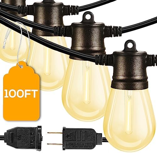 FMART LED Outdoor String Lights, 2*50FT(100FT Total) Hanging Lights Dimmable Commercial Grade UL ETL Listed Waterproof, 2X15 Sockets 1W 2700K Shatterproof Edison S14 Bulbs(2 Spare) Heavy Duty Lights