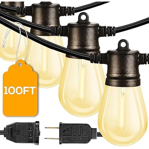 FMART LED Outdoor String Lights, 2*50FT(100FT Total) Hanging Lights Dimmable Commercial Grade UL ETL Listed Waterproof, 2X15 Sockets 1W 2700K Shatterproof Edison S14 Bulbs(2 Spare) Heavy Duty Lights Cover
