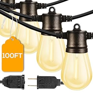FMART LED Outdoor String Lights, 2*50FT(100FT Total) Hanging Lights Dimmable Commercial Grade UL ETL Listed Waterproof, 2X15 Sockets 1W 2700K Shatterproof Edison S14 Bulbs(2 Spare) Heavy Duty Lights