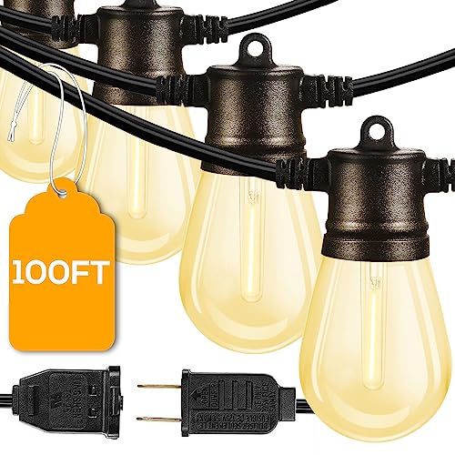 FMART LED Outdoor String Lights, 2*50FT(100FT Total) Hanging Lights Dimmable Commercial Grade UL ETL Listed Waterproof, 2X15 Sockets 1W 2700K Shatterproof Edison S14 Bulbs(2 Spare) Heavy Duty Lights