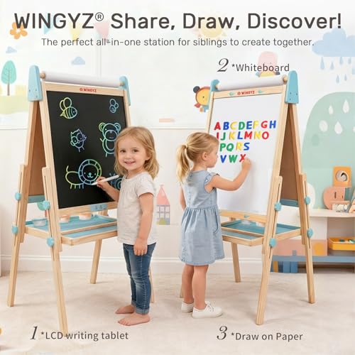 Image of WINGYZ 24 inch LCD Easel for Kids - Wooden Art Station for Ages 3-12 | Color Drawing Tablet, Blue Light-Free Screen, Whiteboard & Paper Roll, Mess-Free Creative Gift for Home & School