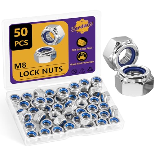 50 Stück Sechskantmuttern M8, ZerDans Sicherungsmuttern Edelstahl Standard A2 V2A M8 Mutter, Selbstsichernde Muttern Stoppmutter, Sechskant Edelstahlmutter Stoppmuttern Kontermuttern Set