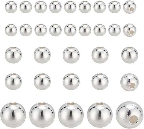 Miniatura 1 de PH PandaHall Cuentas espaciadoras de plata de ley 925, 36 cuentas redondas lisas de 0.118 in, 0.157 in y 0.236 in, cuentas pequeñas de larga