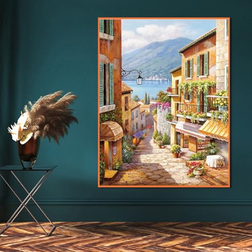 Image of Eiazuiks Stamping Cross Stitch Kit,Town Counting Cross Stitch Kit for Adult Beginners, Full Line DIY Stitching Kit for Home Decor Cross Stitch Patterns 12x16 inches