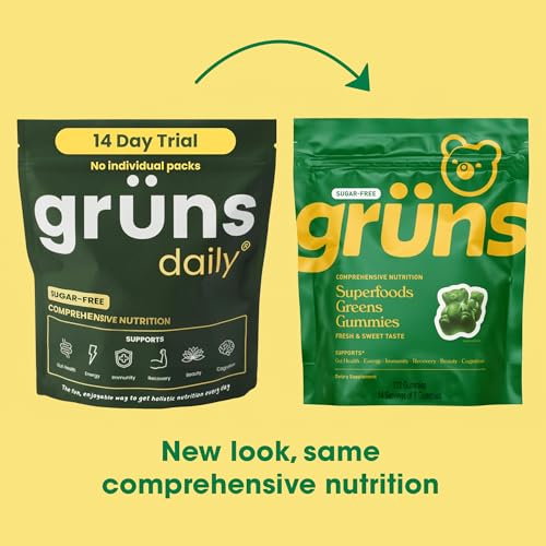 Image of Gruns Adult Sugar-Free Super Greens Gummies - Superfood Gummy Bears with Spirulina, Chlorella, Fiber & Prebiotics for Digestive Health, Adaptogen Supplement with 20 Vitamins & Minerals, 2 Week Supply