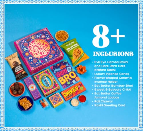 Image of Phool Bandhan Rakhi Gift Hamper for Brother | 10-Item Rakhi Gift Set with 2 Rakhis, Incense, Laddoo & Chikki | Rakhi Gift Box for Brother | Rakshabandhan Gift Hamper with Sweets