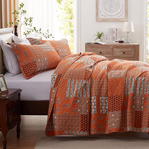 LEAONME Quilt Set Full/Queen Size 3 Piece Bedspread Coverlet Lightweight Comforter Microfiber Bedding Set All Season Oversized 90x98 Inch Bed Cover Paisley Burnt Orange/Rust(1 Quilt,2 Pillow Shams)