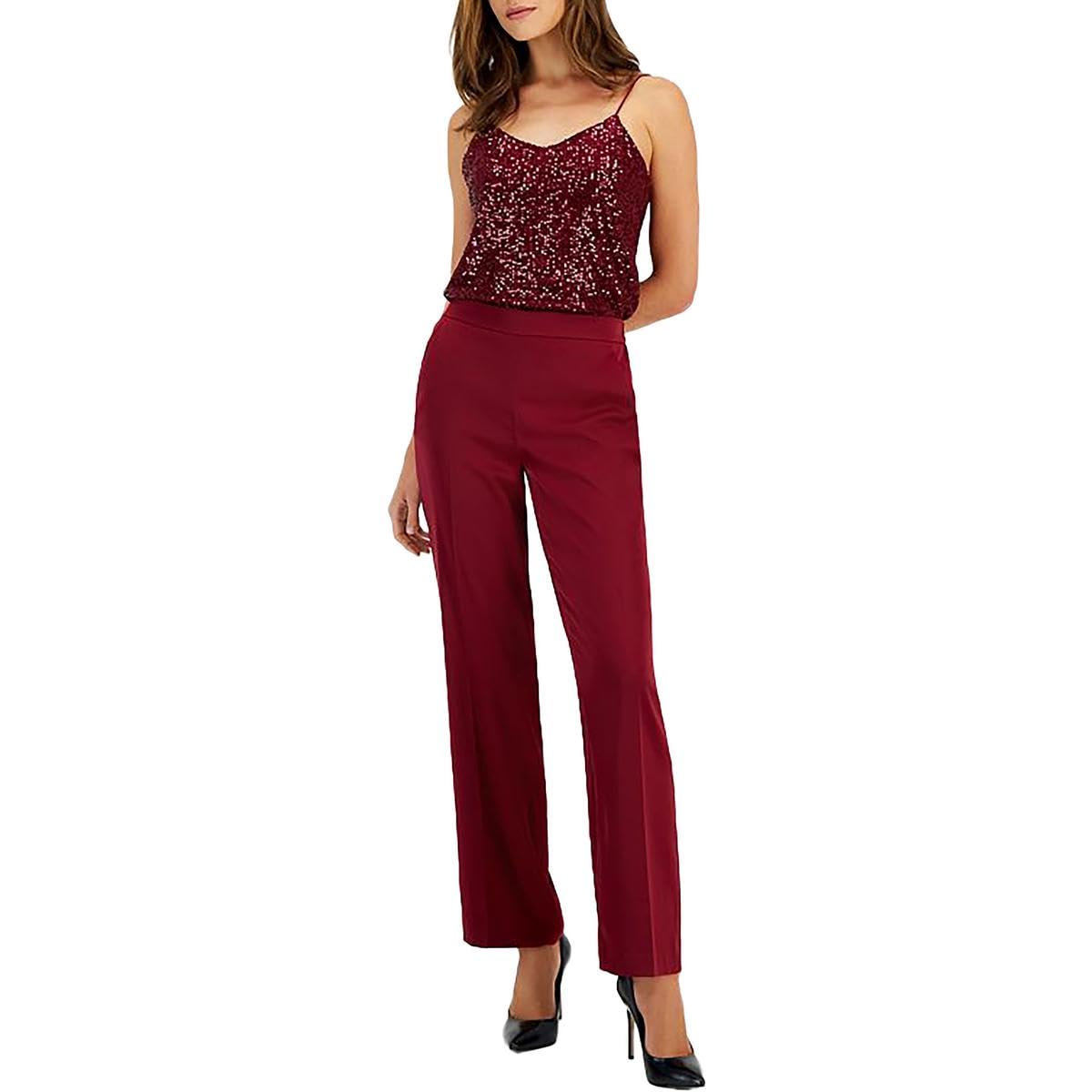 Anne Klein Womens Pocket Satin Wide Leg Pants, Bermuda Red, XL