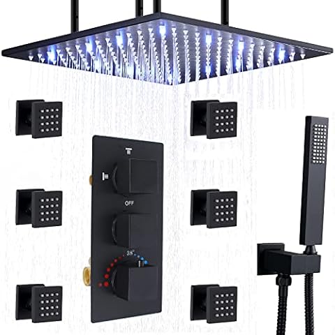 HOMEDEC Thermostatic LED Shower head with Body Sprays Bathroom Shower System with Hand Shower, Square Fixed Shower Head Color Changing with Water Temperature (20inch, Matte Black) Cover