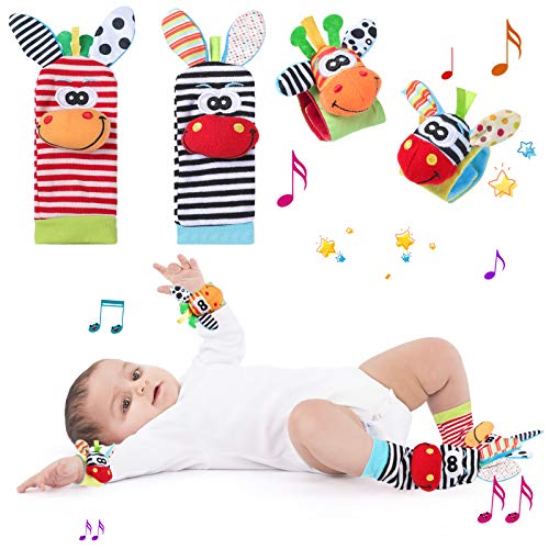 WolinTek 4PCS Sonajeros para beb�s, Calcetines y Mu�equeras para Beb�, Juguetes de Peluches de Desarrollo para beb�s,Juguetes de Animales Suaves y Bonitos para Reci�n Nacidos Beb�s
