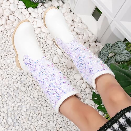 Girls Glitter Sequin Boots High Top Western Boots Sparkly Chunky 𝐋ow Heel Fashion Non-Slip Princess Dress Shoes4