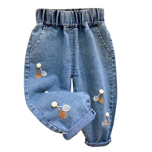 Toddler Girls Baggy Embroidery Jeans Relaxed Elastic Waist Washed Cuffed Hem Denim Pants Trendy Soft Casual Trousers