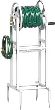 Freestanding Garden Hose Reel holds 125ft Hose of 5/8" with 4 Hooks, 4-Spike Outdoor Hose Holder with 3.9ft Leader Hose & Brass Fitting, Detachable Metal Hose Stand with Storage Rack, White