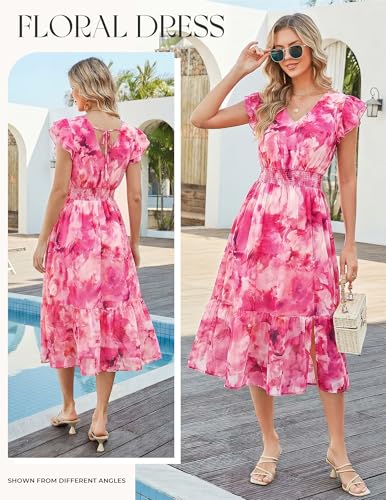 Image of GRACE KARIN 2026 Womens Summer Dresses V Neck Ruffle Sleeve Floral Boho Beach Dress A-Line Swing Midi Wedding Guest Sundress