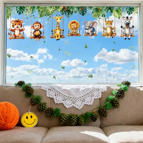 ANATTASOUL Stickers Fenetre Animal sur une balançoire Autocollant Fenetre Fleurs Printemps Appliques Réutilisables de Porte Vitre Fenêtre en Verre...