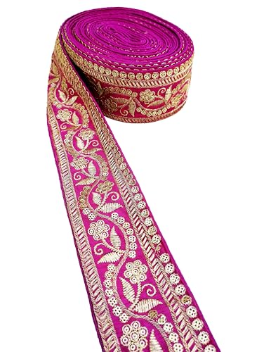 Image of Embroidery Gold Work with Sequence Design Lace Border Falls for Saree, Kurti, Dresses, Bandhani, Lehenga, Decorative Ribbon (6.5 cm Width) (6 Meter, Pink)