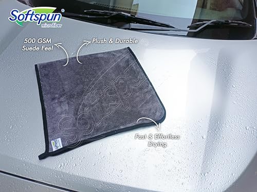 SOFTSPUN Microfiber Cloth Silk Banded Edges 500 GSM 40X40 cms Pack of 4 Grey! Silk Banded Edge Towel Set Extra Thick Microfiber Cleaning Cloths Perfect for Bike Auto Cars Both Interior and Exterior.