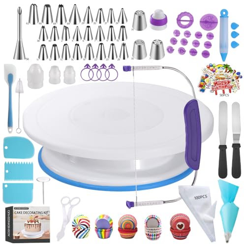 313PCS Complete Cake Decorating Kit Baking Supplies Tools, Cake Turntable and Leveler with 100Piping Bags and Tips28,Fondant Stamps and Pen,100Cupcake liners and Cake Flags