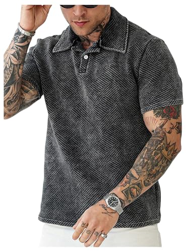GORGLITTER Men's Hollow Out Half Button Shirt Short Sleeve Collar Knitted Street Tops