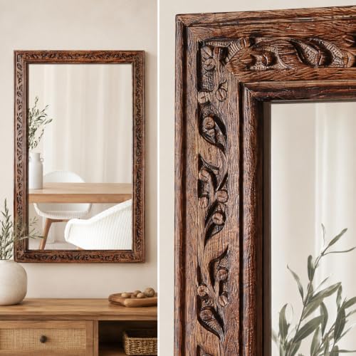 Image of Wooden Bathroom Wall Mirror 30 inchx18 inch - Solid Wood Frame, Burnt Brown | Vanity Mirror, Farmhouse Decorative Wall Mirror for Bathroom, Bedroom, Living Room & Entryway, Vertical /Horizontal Hanging