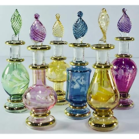 Egyptian Perfume Bottles, Mouth Blown Glass Genie bottles potion Perfume Bottles Wholesale Set of 6 Miniature bottles Size 2 (5 cm) with handmade Gold decorative bottle for essential& perfume oils Cover