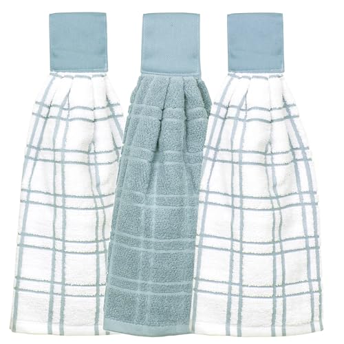 Image of Ritz Premium 100% Cotton Solid and Multi Check Kitchen Tie Towel Absorbent, Super Soft, and Fast Drying Hang Towel, Set of Three, Dew