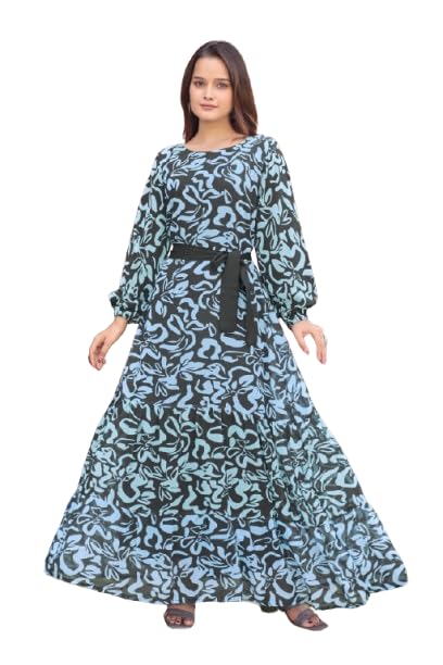 Black Georgette Fabric with Crepe Lining for no Transparency Frill Pattern Gown Geometric Print Bishop Sleeves with Elastic Cuffs with Belt Gown-image-15