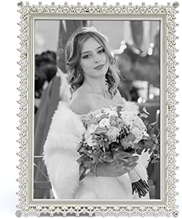 C C.K.K. Pierced Alloy Metal Picture Frame, Silver Plated with Light Gray Enamel and Rhinestones (Silver, 5x7 )