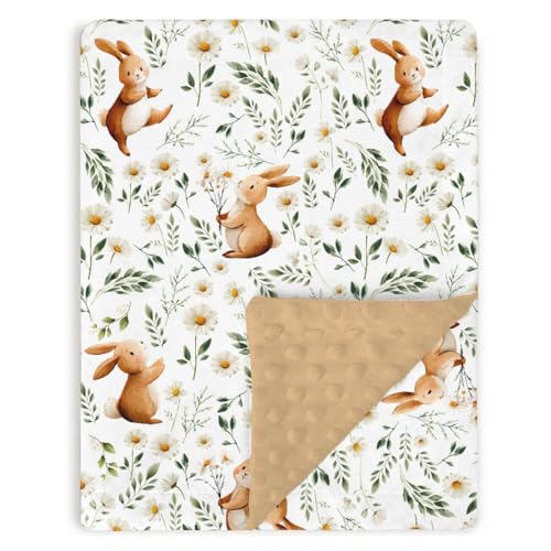 Image of Brown Baby Blankets for Girls 30 x 40, Soft Double Layer Minky Blanket with Dotted Fleece Back, Nursery Bed Receiving Quilt Newborn Infant Toddler Shower Gift Bunny Spring Daisy Flower Theme