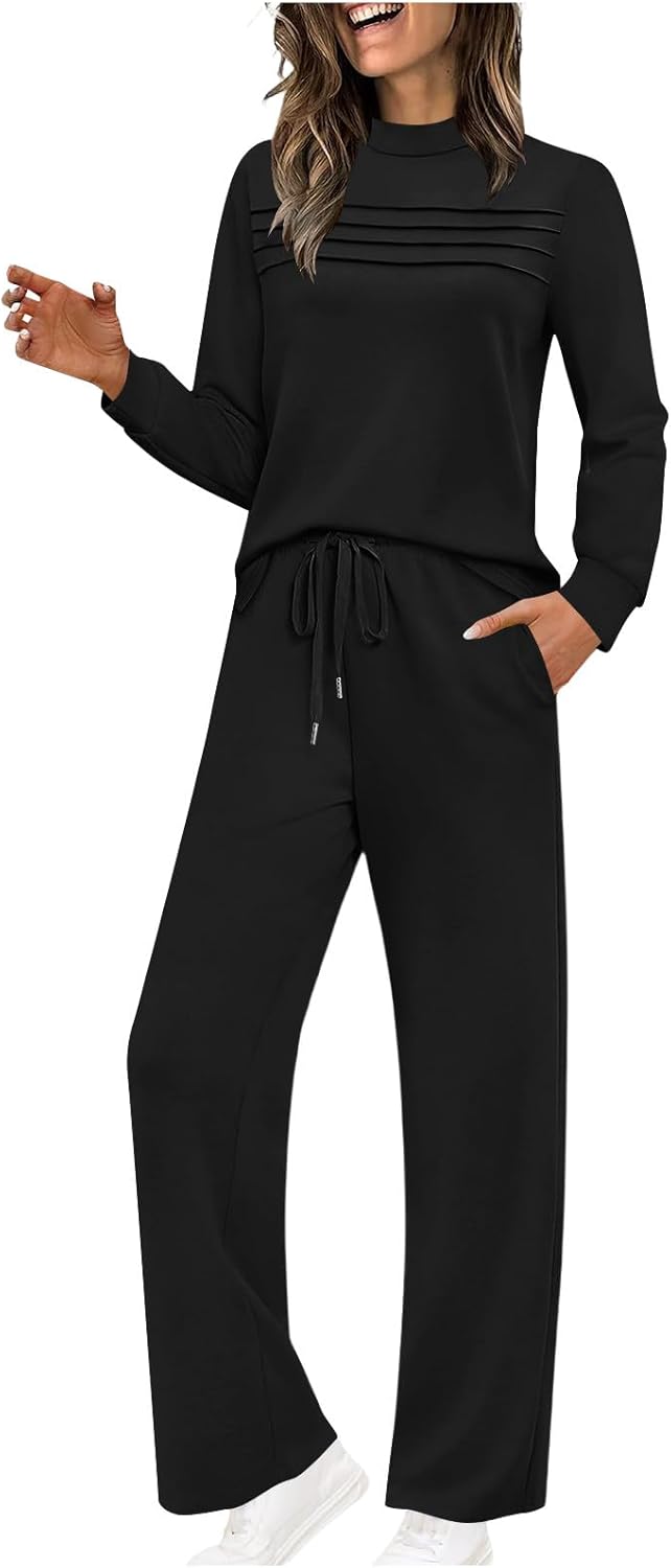Two Piece Sets for Women Travel Vacation Outfits Long Sleeve Mock Neck Top Lounge Drawstring Wide Leg Pants with Pockets