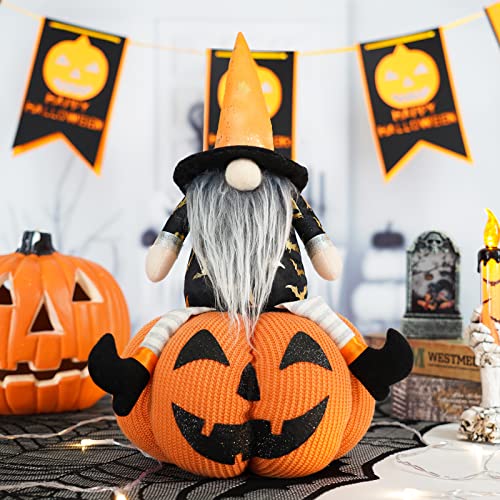 GMOEGEFT Halloween Zwerg Plüsch, schwedische Tomte sitzt auf gefülltem Kürbis mit Sternmuster, skandinavischer Zauberer Zwerg Elfe Urlaub Dekoration Geschenk Cover