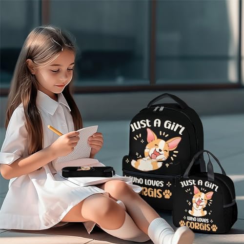 Corgi Backpack with Lunch Box - Set of 3 School Backpacks Matching Combo - Soft Portable Black Bookbag and Pencil Case Bundle2