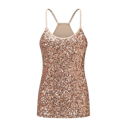 OThread & Co. Women's Glitter Sequin Camisole Top Night Out Party Spaghetti Strap Tank Top (Medium, Rose Gold)