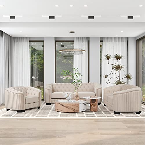 P PURLOVE Modern 3-Piece Sofa Set, Armchair Single and Loveseat and 3 Seat Sofa, Velvet Upholstered Couches Sets with Rubber Wood Legs, 6 Persons Sofas for Living Room, Office, Beige