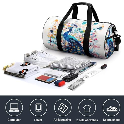 Cylindrical Gym Bag,Color Peacock Sports Gym Bag,Workout Bags,travel Weekender Bag,Duffle Travel Bag for Men Women4