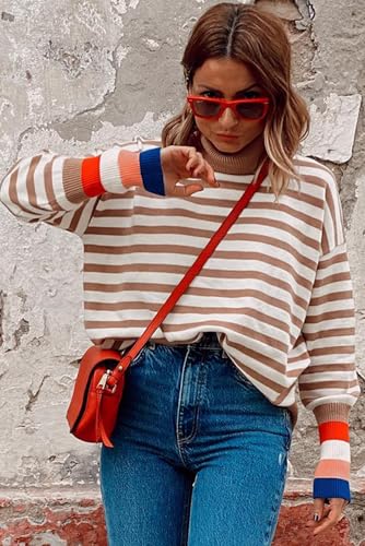 Women's Brown Stripe Colorblock Bishop Sleeve Turtleneck Sweater3