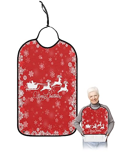 Christmas Adult Bib for Adults Men, Women, Washable & Adjustable Terry Cloth Bib with Crumb Catcher Reusable Waterproof Clothing Clothes Protector Apron Winter Red Snowman Tree Elk Snowflakes